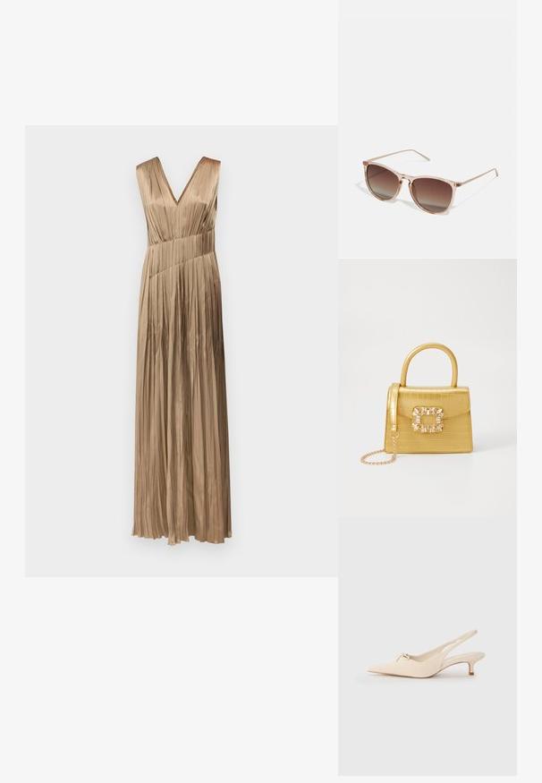 Dlouhé, plisované šaty v světle béžové barvě s výstřihem do V a širokými ramínky. Vyrobeno z hladké, texturované tkaniny.; Sandalové boty s špičatou špičkou v krémové kůži, zdobené malou mašlí a nízkým klínkem. Hladký povrch, minimalistický design.; Hnědé sluneční brýle s gradientem, s průhledným růžovým rámem, čtvercovým tvarem a tenkými kovovými nohami. Charakterizovány zaoblenými hranami a minimálním zdobením.; Žlutá kabelka z umělé krokodýlí kůže se strukturovaným designem, horním uchopem, odnímatelným řetízkovým popruhem a dekoračním krystalovým zdobením na zapínání.
