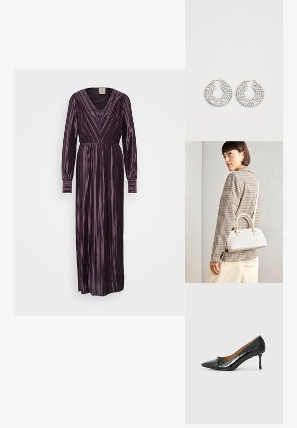 Rochie maxi de culoare purpurie închisă, cu pliseuri verticale, decolteu în V și mâneci lungi cu mansete strânse. Material texturat și neted.; Pantofii cu toc înalt din piele lacuită neagră, cu vârf ascuțit, detalii decorative cu curea în față și toc subțire tip stiletto.; Geantă structurată albă, cu mânere scurte și curea de umăr, având accente din metal aurit și material texturat, expusă pe un fundal gri.; Cercei din argint cu inel, decorati cu multiple stratificari de cristale transparente, având o suprafață texturată și un design circular deschis.