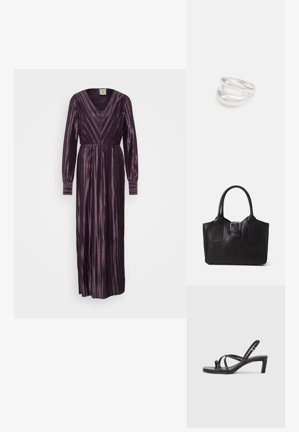 Maxi kleita dziļi violetā krāsā ar vertikālām krokām, V-veida dekoltē un garām piedurknēm ar savilktām aprocēm. Gluda, teksturēta auduma.; Melnas strappy sandales ar kvadrātveida purngaliem un zemu bloku papēdi. Ievērojamas ar vairākiem plāniem siksniņām un regulējamu potītes siksniņu. Izgatavotas no gludas ādas.; Melnas ādas somiņa ar gludu tekstūru, strukturētu formu, divām rokturām un izteiktu sudraba sprādzi priekšpusē.; Sudraba divu joslu gredzens ar gludu, pulētu virsmu. Iezīmējas ar plūstošu, izliekta dizaina struktūru ar pārklājošām sekcijām modernam izskatam.; Sudraba divu joslu gredzens ar gludu, pulētu virsmu. Iezīmējas ar plūstošu, izliekta dizaina struktūru ar pārklājošām sekcijām modernam izskatam.