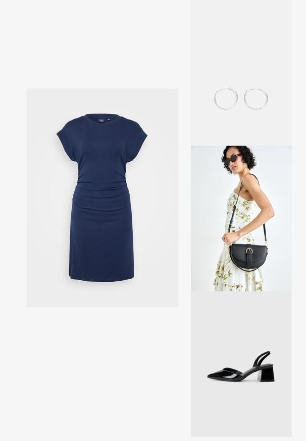 Tamsiai mėlyna suknelė, pagaminta iš minkštos medžiagos, turi trumpas rankoves, apvalų iškirpimą, susiraukšlėjimą šoninėse detalėse ir prigludusį siluetą.; Juodos lakuotos odinės šlepetės su smailiu pirštu ir geometriniu bloko kulnu. Turi elegantišką, minimalistinį dizainą ir lygų paviršių.; Juodas odinis krepšys su išlenkta forma, nuimamu dirželiu ir auksiniais detalėmis. Krepšys turi kilpą su sagtimi.; Sidabrinės auskarai žiedai su sėslia, apvalia forma, pasižymintys lygia paviršiumi ir be matomų puošmenų. Svoris nenurodytas.