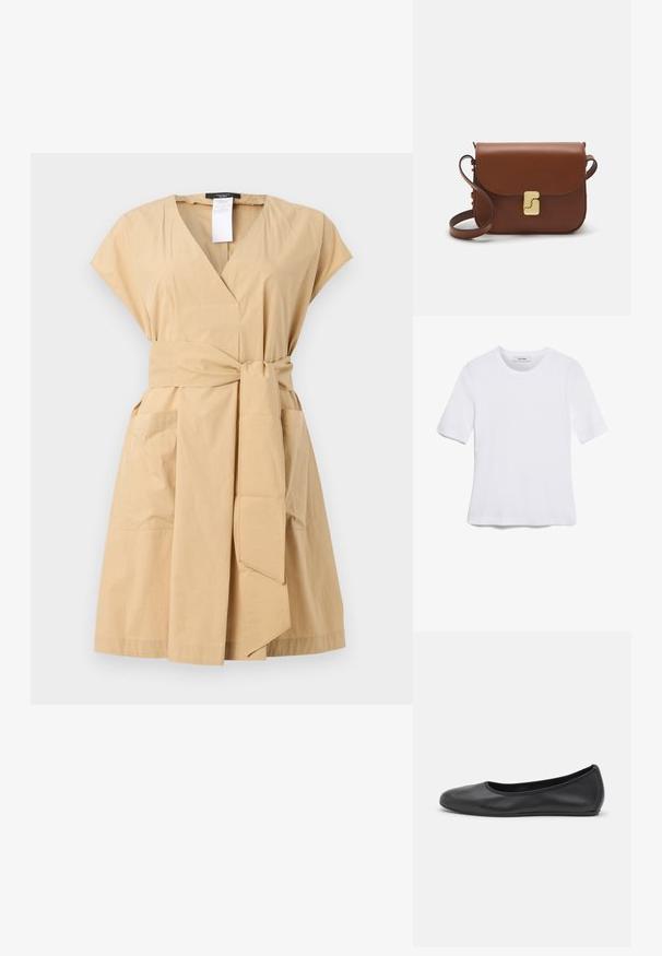 Khakifarbenes Wickelkleid mit V-Ausschnitt, kurzen Ärmeln, einem Stoffgürtel und zwei seitlichen Taschen. Hergestellt aus einem glatten Baumwollmischmaterial.; Weißes kurzärmliges T-Shirt aus geripptem Stoff. Runder Halsausschnitt, normale Passform und dezente Nähte. Keine Muster oder Grafiken.; Schwarze Leder-Ballettschuhe mit abgerundeter Spitze, glatter Textur, minimalen Nähdetails und einem flexiblen Sohlen-Design.; Braune Ledertasche mit Klappenverschluss, Beschlägen in Goldfarbe, einem Schultergurt und einer glatten Oberfläche. Kompakte rechteckige Form.