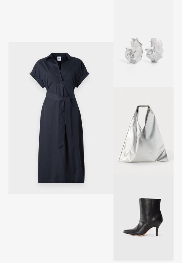 Tumesinine särgikleit, mis on valmistatud siledast kangast, millel on krae, lühikesed varrukad, ees nuppudega avamine ja samast kangast vöö talje juures.; Must musta jalatsid terava ninaga, õhukese stiletto kontsaga ja siledast nahast. Minimalistlik disain ilma nähtava riistvarata või aksessuaarideta.; MM6 Maison Margiela CLASSIC JAPANESE HANDBAG - Käekott - silver-coloured; Hõbedased kõrvarõngad voolava spiraalsetega kujunduses. Sile tekstuur poleeritud viimistlusega. Omab peent läiget ja ei oma nähtavaid kaunistusi.
