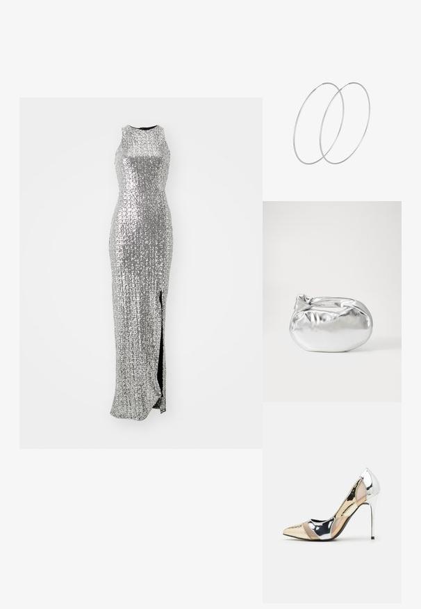 Hõbedane sädelev õhtukleit, millel on sobiv disain, ilma varrukateta ülemine osa, kõrge lõhik ja tekstuuriga pind, mis peegeldab valgust.; Kitsas toe kõrge kontsaga kingad, millel on hõbedane, kuldne ja nude värvilahendus. Läikiv viimistlus lõikekujundusega, stiletto konts.; Hõbedane metallikoti kott pehme, ümar kuju ja sõlme ülemise sulgemisega. Valmistatud siledast kunstnahast materjalist.; Hõbedased rõngastikkaehingad minimalistlikus disainis. Ümar kuju, sile tekstuur ja õhuke profiil. Kerged ning poleeritud viimistlusega.