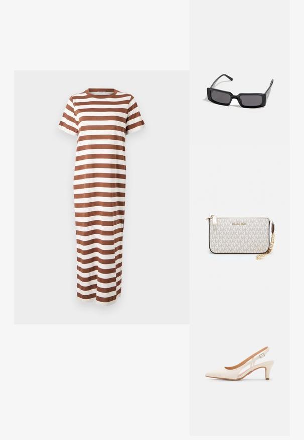 Gestreift, braunes und weißes Baumwoll-Maxi-Kleid mit kurzen Ärmeln und rundem Ausschnitt, gerader Schnitt und seitlichen Schlitzen.; Weiße Slingback-Absätze mit spitzer Zehenpartie, glattem Obermaterial, niedrigem Blockabsatz und seitlichem Ausschnitt-Design mit verstellbarem Schnallenriemen.; Schwarze Sonnenbrille mit rechteckigem Rahmen, dunklen Gläsern und glatter, glänzender Oberfläche. Verfügt über dünne Bügel mit dezentem Branding an der Seite.; Michael Kors Clutch in beige beschichtetem Canvas mit einem wiederholten MK-Logo-Muster, goldfarbener hardware und einem abnehmbaren Kettenriemen.