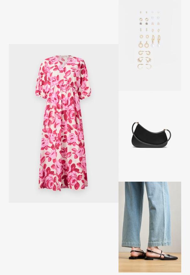 Rochie maxi florală dintr-un material ușor, cu un model de trandafiri roz, decolteu în V, talie strânsă și mâneci bufante cu manșete elastice.; Pantofi slingback din piele neagră, cu vârf ascuțit, toc plat și curea la gleznă; purtați cu blugi cu picioare late, de culoare albastru deschis.; Geantă de umăr din piele neagră cu un design curbat, având o curea texturată și accesorii aurii la închiderea de sus. Finish neted.; Set de cercei aurii, cu diverse designuri, inclusiv cercei tip stud, cercei hoop și cercei lungi cu perle și strassuri.