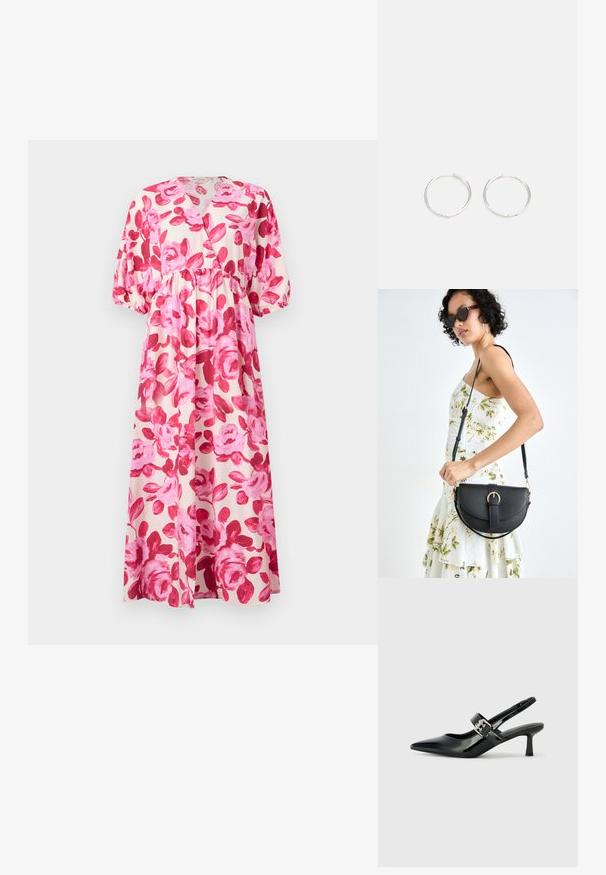 Rochie maxi florală dintr-un material ușor, cu un model de trandafiri roz, decolteu în V, talie strânsă și mâneci bufante cu manșete elastice.; Sandale cu toc din piele patent neagră, cu vârful ascuțit și un toc mic bloc, având un accent cu cataramă argintie pe curea.; Geantă din piele neagră, cu o formă curbată, curea detașabilă și accesorii aurii. Geanta are un capac cu un detaliu tip cataramă.; Cercei din argint cu un design elegant și rotund, având o suprafață netedă și fără embellismente vizibile. Diametrul nu este specificat.