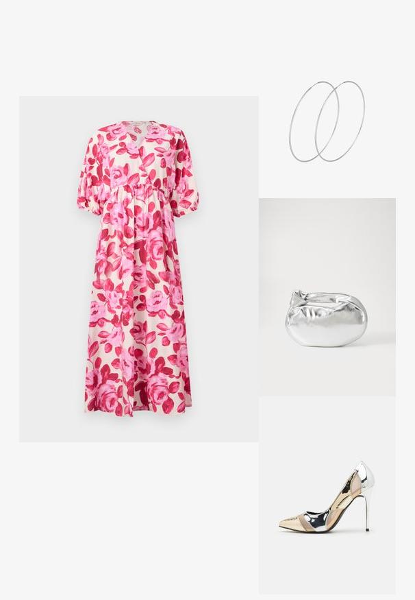 Květinové maxi šaty z lehké látky, s růžovým vzorem růží, výstřihem do V, nařaseným pasem a nabíranými rukávy se elastickými manžetami.; Lodička s špičatou špičkou a kombinací stříbrné, zlaté a tělové barvy. Lesklý povrch s vykrojeným designem, s jehlovým podpatkem.; Stříbrná kovová taška s měkkým, zaobleným tvarem a uzávěrem s uzlem. Vyrobena z hladké umělé kůže.; Stříbrné kruhové náušnice s minimalistickým designem. Kruh, hladký povrch a tenký profil. Lehká konstrukce s lesklým povrchem.