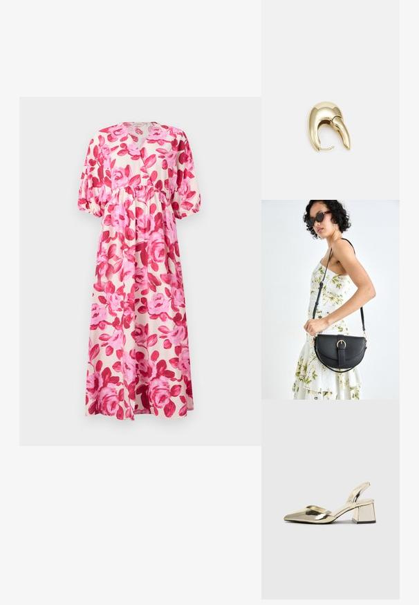 Kukkakuvioinen maxi-mekko kevyestä kankaasta, jossa on vaaleanpunaisia ruusuja, V-pääntie, kapea vyötärö ja puffihihat, joissa on joustavat hihansuut.; Kultaiset, metalliset slingback-kengät, joissa on teräväkärkiset ja paksut korot. Sileä pinta, minimalistinen muotoilu ja kapea hihna.; Musta nahkainen käsilaukku, joka on kaareva muotoilultaan, irrotettavalla hihnalla ja kultaisilla yksityiskohdilla. Laukussa on läppä, jossa on solk yksityiskohta.; Kultahipuinen korvakoru, jossa on sulavalinjainen, kaareva muotoilu. Ominaisuuksiin kuuluu erottuva terävä muoto, kiillotettu pinta ja sarana kiinnitys.