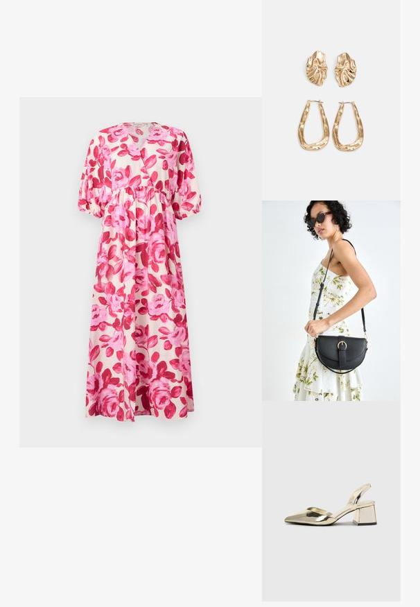 Blomster maxi kjole i lett stoff, med et rosa rosemønster, V-hals, innsnørt midje og puffermede ermer med elastiske mansjetter.; Gull, metallisk slingback-hæler med spiss tå og chunky hæl. Glatt tekstur, minimalistisk design og en smal stropp.; Svart lærveske med en buet form, avtagbar stropp og gullbeslag. Vesken har et klaff med spenne-detall.; Gullfargede øredobber med teksturerte, bølgete former. Inkluderer skulpturelle klipsstuds og åpen hoop-design med en hamret finish.