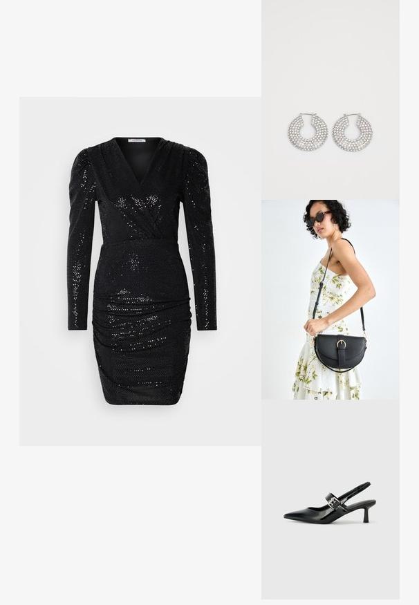 Musta paljettil Dressi, jossa on pitkät hihat, syvä V-pääntie, rypistyksiä vyötäröllä ja istuva siluetti, joka on valmistettu sileästä materiaalista.; Musta patenttinaahkakengät, joissa on osoittava kärki ja pieni lohko korko, varustettuna hopeisella soljella hihnassa.; Musta nahkainen käsilaukku, joka on kaareva muotoilultaan, irrotettavalla hihnalla ja kultaisilla yksityiskohdilla. Laukussa on läppä, jossa on solk yksityiskohta.; Hopeiset korvakorut, joissa on useita kirkkaan kristallikoristeita, teksturoitu pinta ja avoin ympyrämuoto.