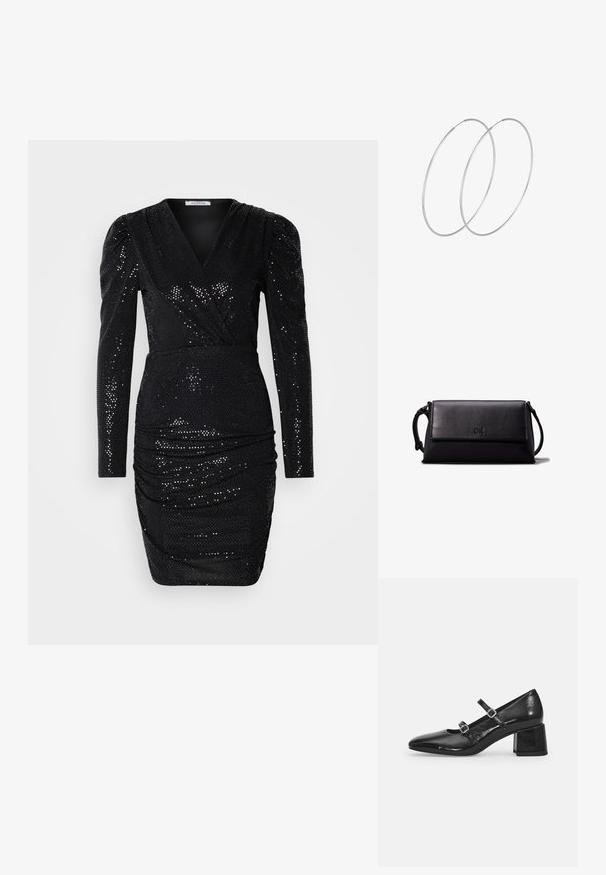 Crna haljina sa sequins dugih rukava, dubokim V-izrezom, nabrantom na struku i uskim siluetom, s glatkom teksturom.; Crne lakirane Mary Jane cipele s šiljastim vrhom, dvjema podesivim trakama i čvrstim blok petama. Glatka tekstura i sjajni završetak.; Crna kožna torbica u obliku pravokutnika, glatke teksture, s ravnim preklopom i malom ručkom sa strane. Ima diskretni logo.; Srebrne okrugle naušnice s minimalističkim dizajnom. Kružni oblik, glatka tekstura i tanak profil. Lagane s poliranim završetkom.