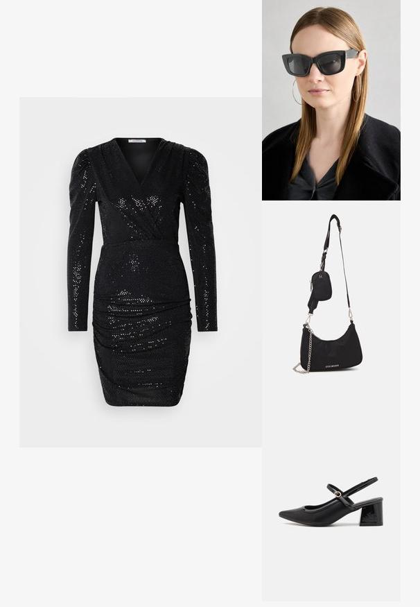 Musthave mustriga kleit, millel on pikad varrukad, sügav V-kaelus, volangdetailid vööl ja keha järgiv siluett, millel on sile tekstuur.; Mustad läikivad nahast slingback-kõrged kontsad, millel on terav nina, ümar lõikekujundus ja blokknina. Omab kuldset nupu aktsenti.; Must musta prillid tumedate läätsedega, paksude raamidega ja tagasihoidlike aktsentidega. Kantud musta jope ja halli särkiga, pikki sirgeid juukseid kandes.; Must mustri õlakott, millel on kaarjas kuju, hõbedane kett, eemaldatav mini kotike ja reguleeritav rihm; esiküljel on "Steve Madden" logo.