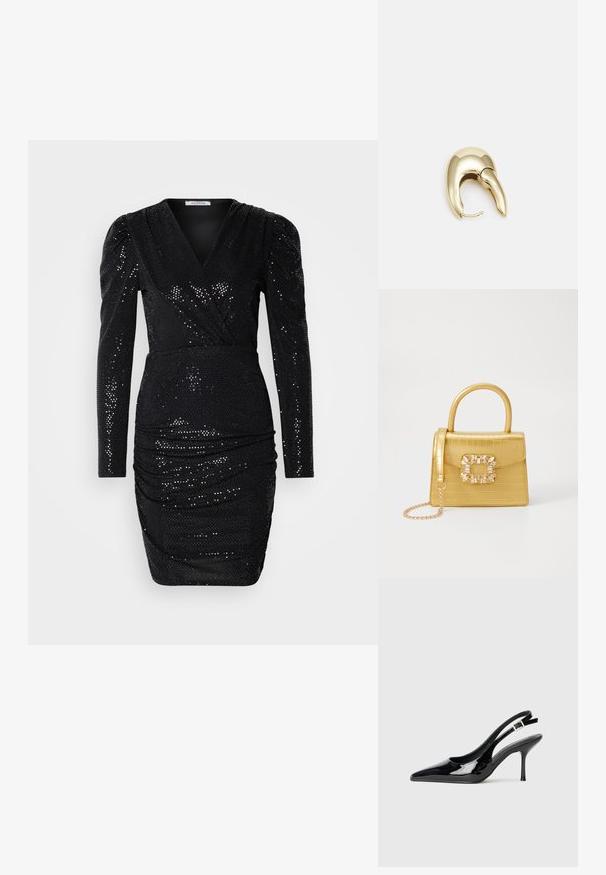 Schwarzes Paillettenkleid mit langen Ärmeln, tiefem V-Ausschnitt, gerafftem Detail an der Taille und einer taillierten Silhouette, das eine glatte Textur aufweist.; Schwarze Lackleder Slingback-Pumps mit einer spitzen Zehe und schlankem Absatz. Mit einem verstellbaren Schnallenriemen hinten. Glatte Textur.; Gelbe Kunstleder-Handtasche im Krokodil-Look mit strukturiertem Design, Obergriff, abnehmbarem Kettenriemen und dekorativer Kristallverzierung am Verschluss.; Ohrringe aus goldfarbenem Metall mit einem schlanken, geschwungenen Design. Sie verfügen über eine markante, spitze Form, eine polierte Oberfläche und einen Scharnierverschluss.