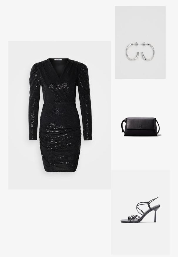 Crna haljina sa sequins dugih rukava, dubokim V-izrezom, nabrantom na struku i uskim siluetom, s glatkom teksturom.; Crne sandale na visokoj potpetici imaju tanke trake s čvorastim dizajnom, glatki kvadratni vrh i elegantnu stiletto petu.; Crna kožna torbica u obliku pravokutnika, glatke teksture, s ravnim preklopom i malom ručkom sa strane. Ima diskretni logo.; Srebro naušnice u obliku prstena s glatkom, sjajnom završnom obradom. Zaobljenog oblika, laganog dizajna, s kopčom na poleđini.