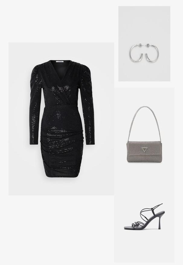 Rochie neagră cu paiete, cu mâneci lungi, decolteu adânc în V, detalii pliate la talie și o siluetă aderentă, având o textură fină.; Sandale negre cu toc înalt au curele subțiri cu un design legat, un vârf pătrat neted și un toc stiletto elegant.; Geantă metalică gri deschis, cu un strap din lanț, decorată cu mici ținte circulare metalice și un logo de marcă triangular.; Cercei rotunzi din argint cu un finisaj neted și strălucitor. Design ușor, având o formă rotundă și închidere cu tijă.