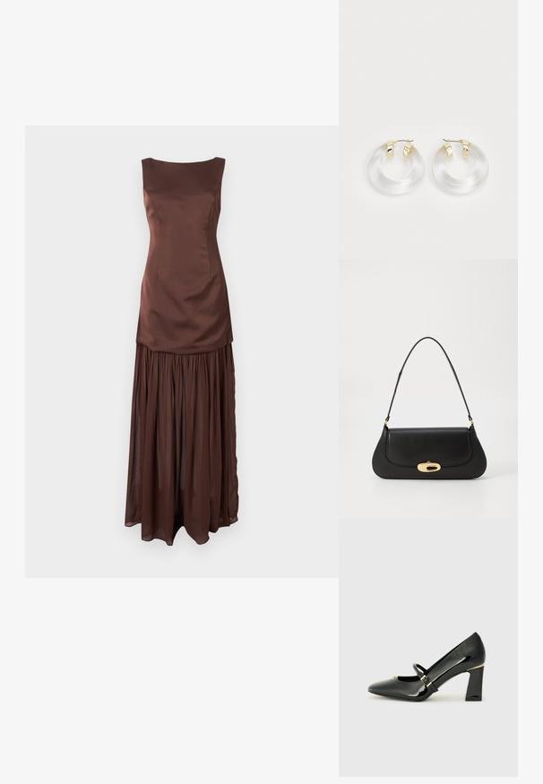 Pruun satiinist kleit, millel on kehaümber ja voogav, volditud seelik. Omab paadi kaelust ja pehmet, tekstuurset kangast.; Musthave mustast must punase nahk kingad kõrge kanna ja terava varbaga, pahkluu rihm ja kuldne aktsent kannal. Ruudukujuline ploki kanna disain.; Mustroone nahast käekott kaarjate vormidega, kuldse tooni detailide ja ülemise käepideme ning sujuva sulgemise ja sileda tekstuuriga.; Selged akrüülist rõngas kõrvarõngad kuldsetooniliste metallaktsentidega ning poleeritud viimistlusega. Omab sujuvat, ringikujulist disaini.