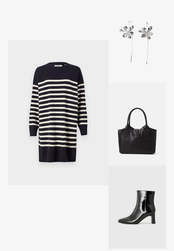 Tengerészkék és krémszínű csíkos pulóverruha, kerek nyakkivágással, háromnegyedes ujjakkal és bordás szegéllyel. Puha anyag, sima textúrával.; Fekete lakk bőrcipő bokáig érő, hegyes orral és közepes magasságú tömbsarokkal. Simább textúrával és minimalista dizájnnal rendelkezik.; Fekete bőr bevásárlótáska sima textúrával, strukturált formával, két fogantyúval és egy figyelemfelkeltő ezüst csattal az elején.; Ezüst virágformájú fülbevalók, texturált felülettel, hosszú akasztókkal és szirmokra hasonlító részletekkel az összetett dizájn érdekében.