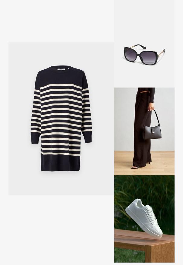 Vestido de malha listrado em azul-marinho e creme, com decote redondo, mangas de três quartos e bainha canelada. Tecido suave com uma textura lisa.; Sapatilha branca com um cabedal sintético liso, caixa dos dedos perfurada, atacadores planos e uma sola texturizada, exposta sobre uma superfície de madeira.; Óculos de sol oversized pretos com lentes degradê, armações grossas e detalhes em corrente dourada nas hastes.; Bolsa preta com forma estruturada, textura suave e um fecho metálico. Combinada com calças largas pretas e sandálias de salto aberto sobre um chão de madeira.