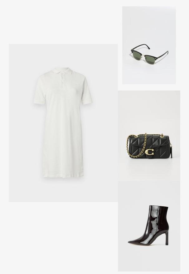 Bela polo obleka iz bombaža s ovratnikom, kratkimi rokavi, ravnim krojem in tremi gumbi spredaj.; Črne lakirane gležnjarje z ostrim nosom in elegantno silhueto. Imajo stiletto peto in gladko teksturo.; Črne in zlate sončne očala z zelenimi lečami, v obliki mačjih oči, z kovinskimi detajli in teksturiranim okvirjem.; Črna kviltana usnjena torbica z zlatim verižnim ročajem in zapiranjem z obročkom, ki ima okroglo okrasje. Kompaktna pravokotna oblika.