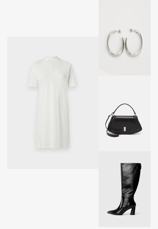 White polo dress made of cotton, featuring a collared neckline, short sleeves, a straight cut, and three buttons at the front.; Knee-high black leather boot with a pointed toe, smooth texture, and a chunky heel. Features a zipper detail at the back.; Black leather handbag with a structured design, featuring a cropped shape, top handle, and gold hardware accent. Adjustable shoulder strap included.; Silver hoop earrings with a smooth, curved design. Features a shiny metallic finish and stud closure. No visible patterns or accents.