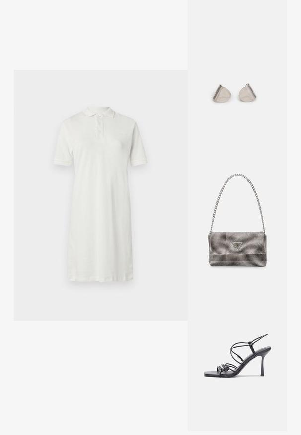 Valge puuvillane polo-kleit, millel on kraega kaelus, lühikesed varrukad, sirge lõige ja ees kolm nööpi.; Mustad musta värvi kontsandaalid on varustatud peente rihmadega, millel on sõlmekujundus, siledad ruudukujulised varbad ja stiilne stilettokonts.; Helehall metallik handbags, millel on kett, kaunistatud väikeste ümmarguste metallist õmblustega ja kolmnurkse brändi logoga.; Hõbedased metallkõrvarõngad sujuva pisarakuju ja poleeritud viimistlusega. Diskreetne graveering lisab detaile. Minimalistlik disain.