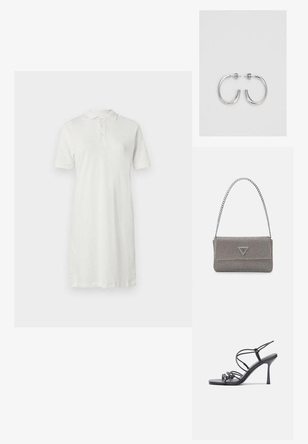 Vestito polo bianco in cotone, con scollo a collo, maniche corte, taglio dritto e tre bottoni sul davanti.; Sandali neri con tacco alto presentano sottili cinturini con design annodato, una punta quadrata liscia e un elegante tacco a spillo.; Borsa a mano metallica grigia chiara con tracolla a catena, impreziosita da piccoli chiodi metallici circolari e da un logo triangolare del marchio.; Orecchini a cerchio in argento con una finitura liscia e lucente. Forma arrotondata, design leggero, con chiusura a perno.