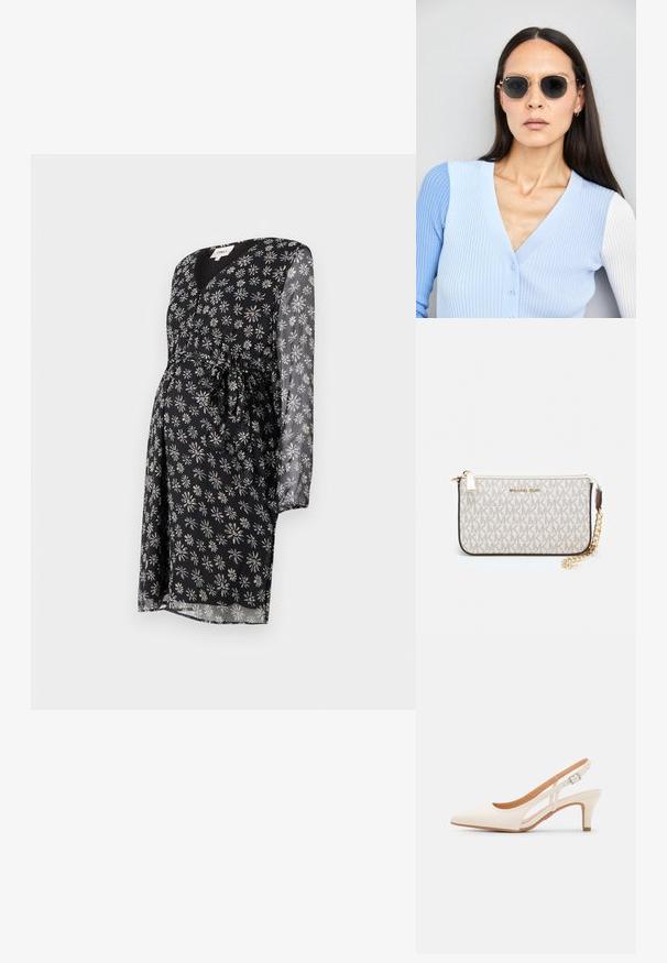 Rochie de maternitate din material negru cu imprimeu de margarete albe și violete. Prezintă un decolteu în formă de V, mâneci lungi din material transparent și un detaliu legat la talie.; Sandaie cu toc alb, cu vârful ascuțit, material superior neted, toc mic tip bloc și design cu decupaj lateral, cu curea ajustabilă.; Ochelari de soare rotunzi cu lentile întunecate și rame aurii. Modelul poartă un cardigan ribbed de culoare albastru deschis cu nasturi și mâneci albe în contrast.; Clutch Michael Kors din canva acoperit bej, cu un model repetitiv al logo-ului MK, accesorii din aur și o curea cu lanț detașabil.
