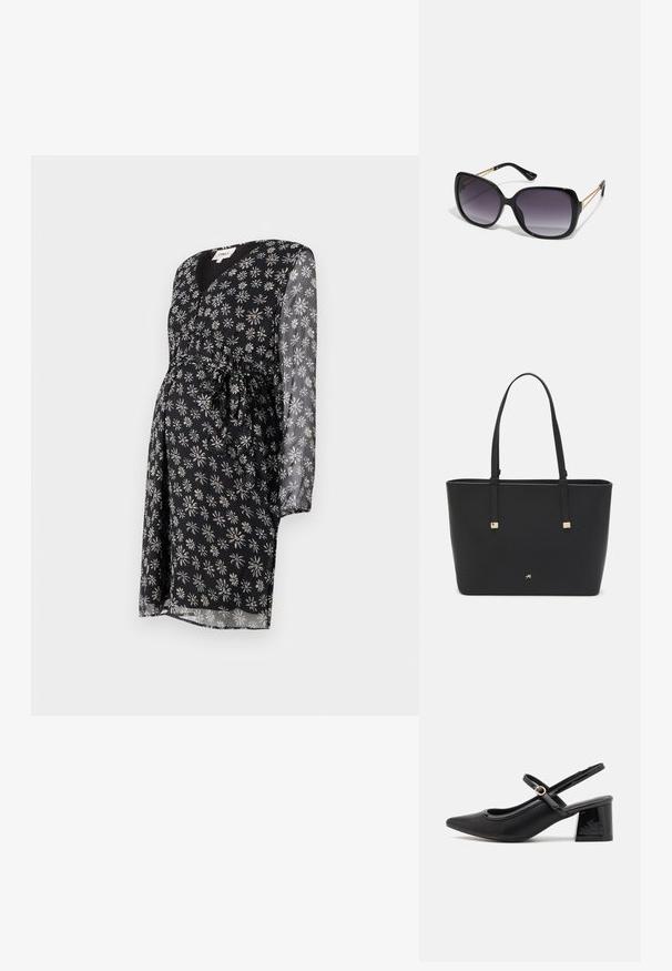 Grūtniecības kleita melnā audumā ar baltu un purpura margrietiņu rakstu. Iezīmēta ar V veida kakla izgriezumu, garām caurspīdīgām piedurknēm un saistītu jostas detaļu.; Melns patentēts ādas sandales ar norādīta pirksta formu, noapaļotu izgriezuma dizainu un bloķētu papēdi. Iezīmēta ar zelta toņa sprādzi.; Melni pārmērīgi lieli saulesbrilles ar gradāciju lēcām, biezām rāmja malām un zeltainas krāsas ķēžu detaļām uz tempļiem.; Melnā somiņa, kas izgatavota no sintētiska materiāla, ar vienkāršu taisnstūra formu, zelta kvadrātveida akcentiem un divām rokturiem.