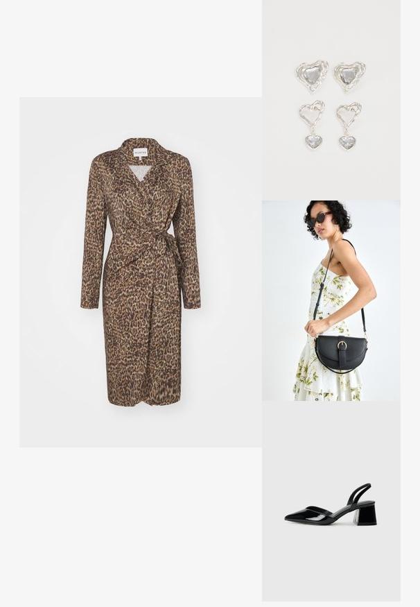 Haljina omotnica s uzorkom leoparda, izrađena od lagane, teksturirane tkanine, s dugim rukavima i remenom za vezanje u struku. Detalj s izrezom na ovratniku.; Crne lakirane kožne sandale s otvorenom petom i špicastim vrhom, s geometrijskom blok petom. Imaju elegantan, minimalistički dizajn i glatku teksturu.; Crna kožna torba s lukovitim oblikom, odvojivim remenom i zlatnim detaljima. Torba ima preklop s kopčom.; Srebrne naušnice u obliku srca imaju fasetirane prozirne kamenčiće, s teksturiranim okvirom. Set uključuje naušnice na dugme i viseće stilove.