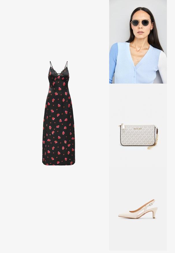 Robe maxi noire à fleurs avec des fines bretelles spaghetti et des détails en dentelle. Présente des motifs de fleurs rouges et roses dispersés sur un tissu lisse.; Talons aiguilles blanches à bride arrière avec un bout pointu, un dessus lisse, un petit talon carré et un design avec découpes latérales et sangle réglable.; Lunettes de soleil rondes avec verres sombres et monture en or. Le modèle porte un cardigan à côtes bleu clair avec des boutons et des manches blanches contrastantes.; Porte-monnaie Michael Kors en toile enduite beige avec un motif répété de logo MK, des accessoires en or et une bandoulière en chaîne amovible.