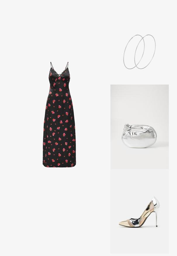 Crna cvjetna maksi haljina s tankim naramenicama i čipkastim detaljima. Sadrži rascvjetane uzorke crvenih i ružičastih cvjetova na glatkom materijalu.; Cipele s visokom potpeticom i špicastim vrhom u srebrnoj, zlatnoj i nude boji. Sjajan finiš s izrezbarenim dizajnom, s potpeticom u obliku stiletto.; Srebrna metalik torbica s mekim, zaobljenim oblikom i čvorastim zatvaranjem na vrhu. Izrađena od glatke sintetičke kože.; Srebrne okrugle naušnice s minimalističkim dizajnom. Kružni oblik, glatka tekstura i tanak profil. Lagane s poliranim završetkom.