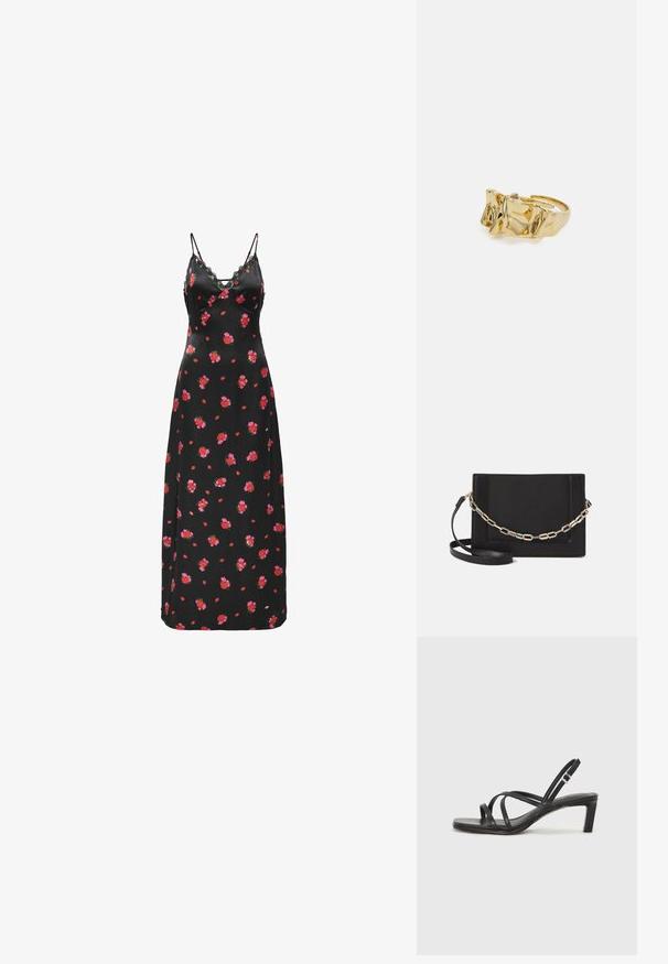 Melna ziedu maxi kleita ar plānām spageti siksnām un mežģīņu detalizāciju. Iespējas izkaisīti sarkani un rozā ziedu raksti uz gludas auduma.; Melnas strappy sandales ar kvadrātveida purngaliem un zemu bloku papēdi. Ievērojamas ar vairākiem plāniem siksniņām un regulējamu potītes siksniņu. Izgatavotas no gludas ādas.; Melna ādas crossbody soma ar gludu faktūru, taisnstūrveida formu un metalizētu ķēdes detaļu priekšā. Iekļauta regulējama siksna.; Zelta gredzens ar teksturētu, viļņotu dizainu, kas rotāts ar trim izteiktām virsotnēm. Gluda, spīdīga virsma ar atvērtu joslu, lai to varētu pielāgot.