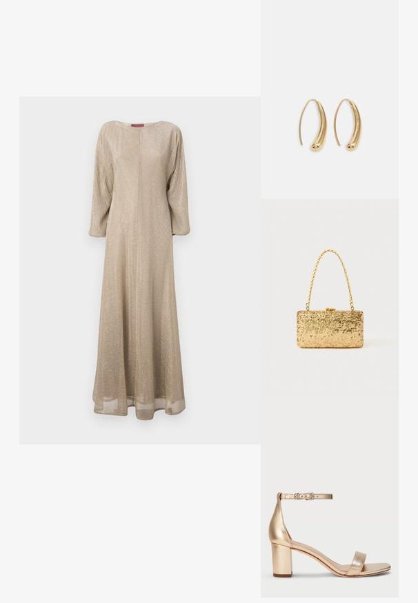 MAX&Co. PAPY - Kjole - beige; Lauren Ralph Lauren LOGAN METALLIC NAPPA LEATHER SANDAL - Sandaler - platinum; Gullfarget paljetter clutch med rektangulær form, utstyrt med en tvunnet kjedehåndtak og en metallspenne, som reflekterer lys med en teksturert overflate.; Gullfargede metalløredobber med en buet, forlenget form. Har en jevn, blank overflate og en avrundet tupp for ekstra detaljer.