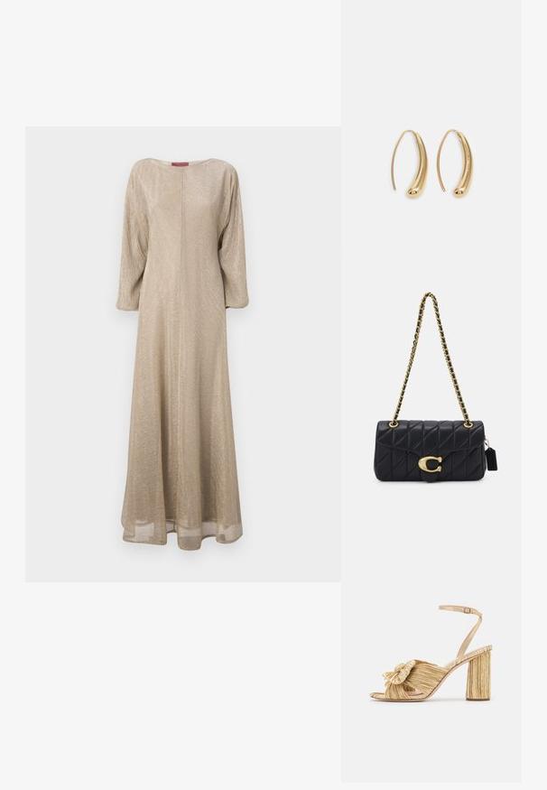 MAX&Co. PAPY - Rochie de zi - beige; Sandale cu toc auriu, cu un front legat, textură plisată și curea la gleznă. Tocul bloc are un design cu nervuri, care îmbunătățește aderența.; Geantă neagră matlasată cu un umăr din lanț auriu, având un închizător auriu distinctiv și un etichetă mică, prezentând o suprafață din piele texturată.; Cercei din metal auriu, cu un design curbat și alungit. Au o suprafață netedă și strălucitoare, cu un vârf rotunjit pentru un detaliu suplimentar.