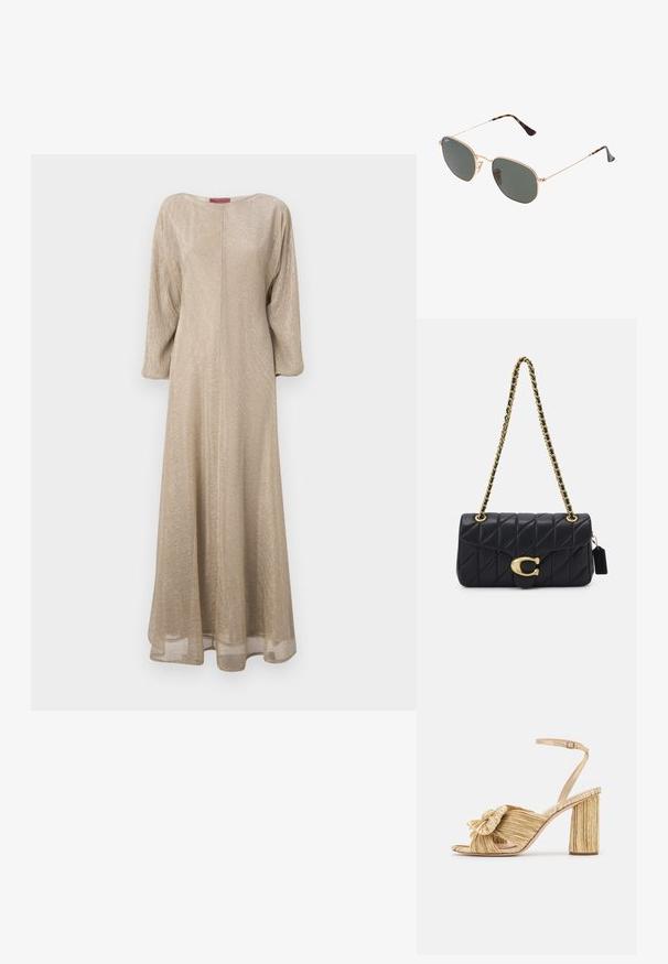 MAX&Co. PAPY - Denní šaty - beige; Zlaté sandály na podpatku s uzlem vpředu, sklady na povrchu a páskem kolem kotníku. Blokový podpatek má žebrovaný design, který zvyšuje přilnavost.; Sluneční brýle s kovovým zlatým rámem a tmavě zelenými skly, styl aviatorek, s úzkými obroučkami a želvovinovými akcenty na špičkách.; Černá prošívaná kabelka se zlatým řetízkovým popruhem, s výraznou zlatou sponou a malou visačkou, která se pyšní texturovaným koženým povrchem.