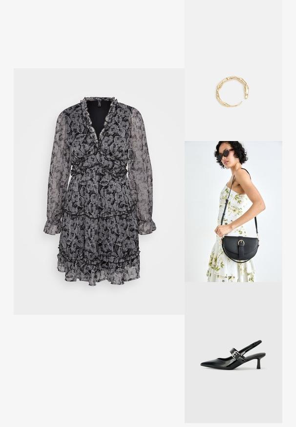 Črno-bela obleka s paisley vzorcem, V-izrezom, dolgimi prosojnimi rokavi, volančki in zategnjenim pasom. Narejena iz lahkega materiala.; Črne patent usnjene slingback pete s koničastim nosom in majhnim blok peto, ki vključujejo srebrno zaponko na traku.; Črna usnjena torbica s ukrivljeno obliko, z odstranljivo naramnico in zlatimi dodatki. Torbica ima pokrov s podrobnostmi v obliki zaponke.; Zlati prstan s organskim, zvitim dizajnom, gladko površino in taperiranimi konci, ki ustvarja modernega, skulpturalnega videza.