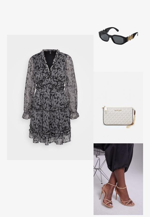 Kjole med sort-hvitt paisley mønster, v-hals, lange gjennomsiktige ermer, volanger, og innsnevret midje. Laget av lett stoff.; Beige hæl sandaler med krystalmotiver, med åben tå, tynde remme og en slank silhuet.; Sorte solbriller med en kraftig geometrisk ramme, mørke linser og gylne metallakenter på stengene, med et rundt emblem detaljer.; Michael Kors håndleddsveske i beige belagt kanvas med et gjentakende MK-logo mønster, gullfarget maskinvare og en avtakbar kjede-rem.