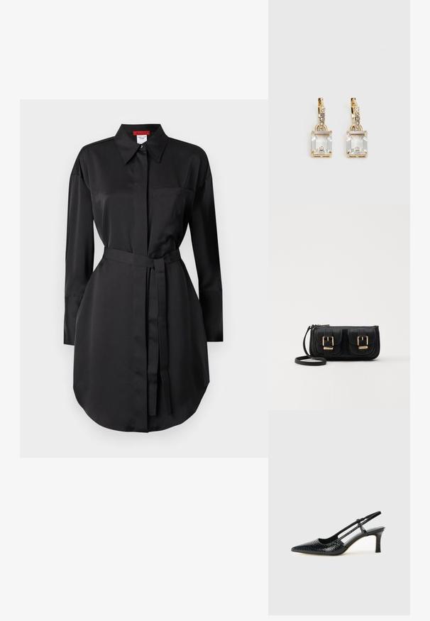 Must mustrõiv musta värvi ja siledast kangast, millel on terav krae, pikad varrukad, rinna-tasku ja reguleeritava vöökoht.; Mustmust paelad, millel on terav varvas, tekstuuriga maduprindiga, reguleeritav rihm ja lühike tekstuuriga plokknina.; Must küllastamata nahast õlakott, millel on kaks esist nähtavat taskut, kuldsed pandlad, tõmblukuga sulgemine ja peen rihm. Tekstuuriga pind ja kompaktne ristkülikukujuline kuju.; Kuldtooni kõrvarõngad, millel on ristkülikukujuline, selge kristall, mis ripub allapoole väikeste ümmarguste selgete aktsentide rida. Viimistletud, kaasaegne disain.