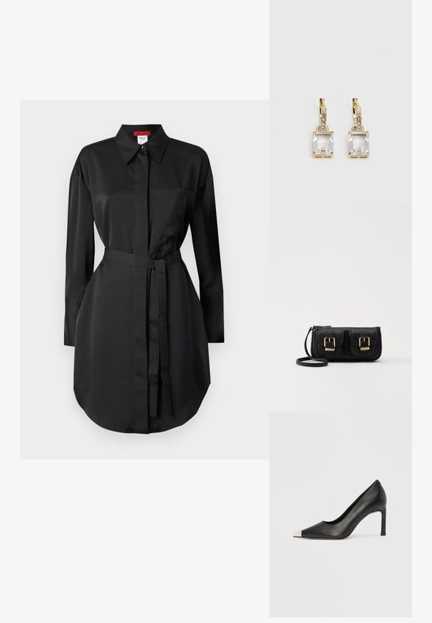 Abito camicia nero in tessuto liscio, con colletto a punta, maniche lunghe, tasca sul petto e vita con cintura per una vestibilità regolabile.; Scarpa con tacco alto in pelle nera con punta affilata e cappuccio metallico argento. Presenta una finitura liscia e un tacco sottile di 10 cm.; Borsa a tracolla nera in pelle con due tasche frontali, fibbie dorate, chiusura con zip e una tracolla sottile. Superficie texturizzata e forma rettangolare compatta.; Orecchini in tonalità dorata con un cristallo trasparente rettangolare sospeso sotto una fila di piccoli accenti trasparenti rotondi. Design elegante e moderno.