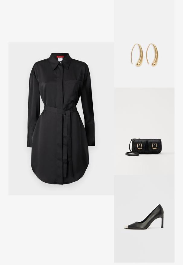 Melnas kleitas ar īsu piedurkni, izgatavota no gludas auduma, ar norādītu apkakli, garām piedurknēm, krūšu kabatu un jostu vidukļa pielāgošanai.; Melns ādas augstpapēžu kurpes ar smailu purngalu un metāliski sudraba uzgali. Ir gluda apdare un slaids 10 cm augsts papēdis.; Melnas ādas crossbody soma ar divām priekšējām kabatām, zelta sprādzēm, ar rāvējslēdzēju aizdari un šauru siksnu. Strukturēta virsma un kompakta taisnstūra forma.; Zelta toņu metāla gredzena auskari ar izliektu, pagarinātu formu. Ar gludu, spīdīgu virsma un noapaļotu galu papildu detaļām.