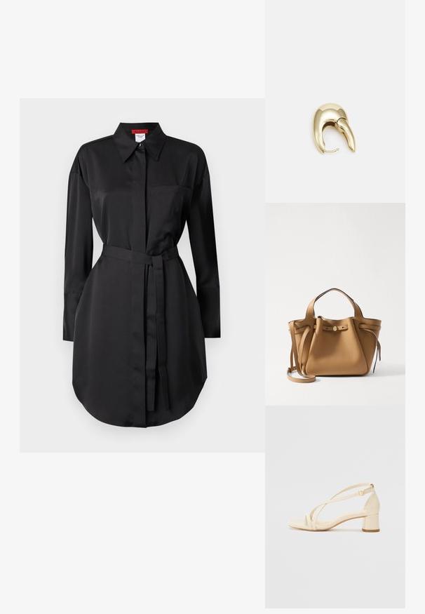 Must mustrõiv musta värvi ja siledast kangast, millel on terav krae, pikad varrukad, rinna-tasku ja reguleeritava vöökoht.; Bežid kontsagaid sandaalid plokknõlva, rihmadega disain ja reguleeritav pahklu strap, valmistatud siledast sünteetilisest materjalist matta viimistlusega.; Tory Burch ROMY PEBBLED SATCHEL - Käekott - tiramisu; Kuldtooni metallist kõrvarõngas, millel on elegantne ja kaarjas disain. Omab silmapaistvat teravat kuju, poleeritud pinda ja hingesulgemist.
