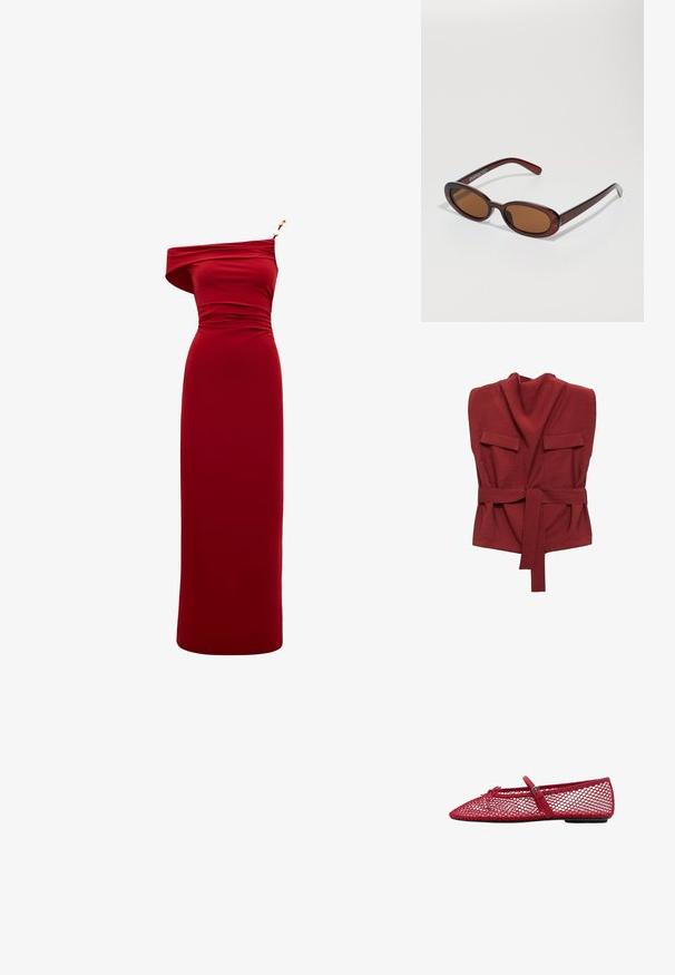 Crvena haljina s jednim ramenom, s pripijenim tijelom, nabranim detaljima i zlatnim naglaskom na naramenici. Izrađena od mekanog, rastezljivog materijala.; Crvena majica s omotom od mekog materijala, s visokim ovratnikom, dva prednja džepa, remenom i ležernim krojem.; Crvene mrežaste balerinke s izrezanim vrhom, s tankom trakicom i detaljem kopče. Gornji dio ima otvoreni uzorak u obliku saća.; Okvir okruglih, smeđkastih sunčanih naočala s sjajnim burgundskim okvirom. Uski nositelji s suptilnim brendiranjem. Ravna leća.