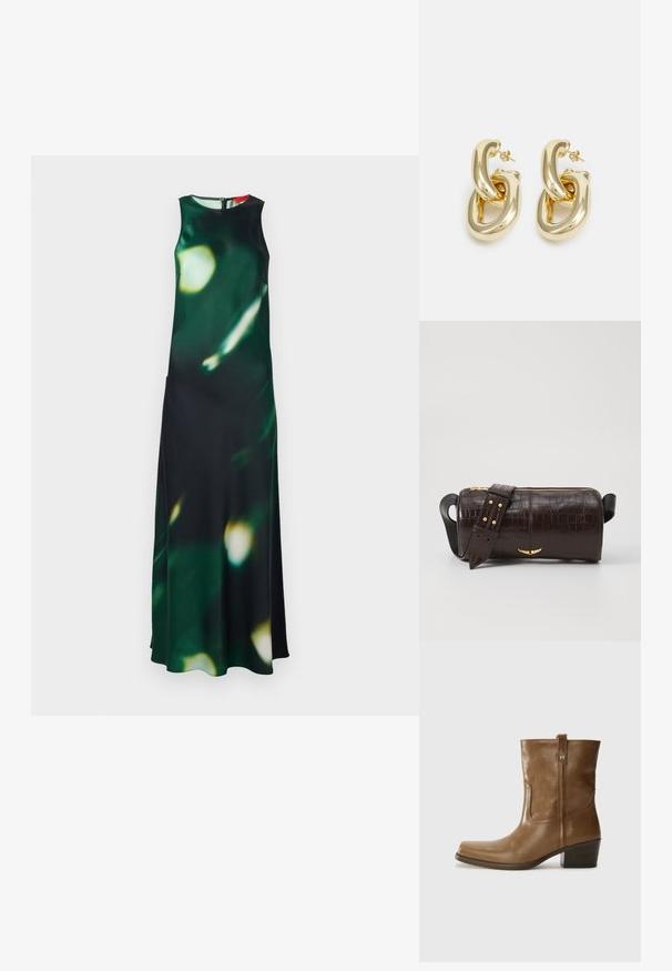 Abito lungo in tessuto verde scuro con un motivo luminoso sfocato. Presenta un collo alto, design senza maniche e uno spacco laterale, chiuso con una zip sul retro.; Stivale alla caviglia in pelle marrone con punta quadrata, finitura testurizzata e tacco basso incassato. Dotato di un pratico tassello posteriore e dettagli di cucitura sottili.; Borsa in pelle stampata a coccodrillo marrone con forma cilindrica, accessori in tonalità oro e una tracolla staccabile con borchie.; Rabanne XL LINK  DOUBLE HOOP EARRINGS - Orecchini - gold-coloured