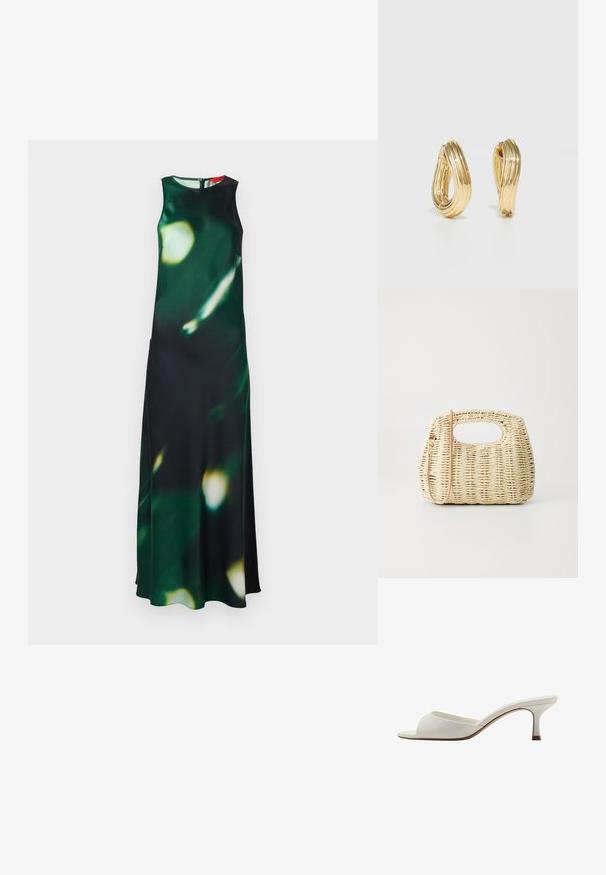 Maxi obleka iz temno zelene tkanine z zamagljenim svetlim vzorcem. Ima visok ovratnik, brezrokavni dizajn in stranski razporek, zaprt z zadrgo na hrbtu.; Bele odprte visoke petke z gladko površino, minimalističnim oblikovanjem in vitko peto, ki ima subtilen rjav odtenek na podplatu.; Tkaná slamnata torbica v svetle bež barvi s zaobljenim telesom, odprtim vrhom in odstranljivo naramnico. Opazna textura in dovršena vzorčna tkanina.; Uhani z zlatim tonom v obliki obroča s zasukanim dizajnom, ki ima rebrasto teksturo in gladek finiš. Lahka in votla konstrukcija.