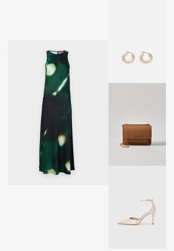 Robe maxi en tissu vert foncé avec un motif flou clair. Présente un col haut, un design sans manches et une fente latérale, fermée par une fermeture éclair au dos.; Chaussure à talon haut en cuir blanc avec un bout pointu, une bride de cheville et un talon aiguille fin. Texture lisse avec une finition légèrement brillante.; Sac en cuir texturé marron en bandoulière avec une sangle en chaîne dorée et une fermeture à rabat. L'avant présente un détail de logo et une poche sous le rabat.; Lauren Ralph Lauren BASIC SMALL HOOP - Boucles d'oreilles - gold-coloured