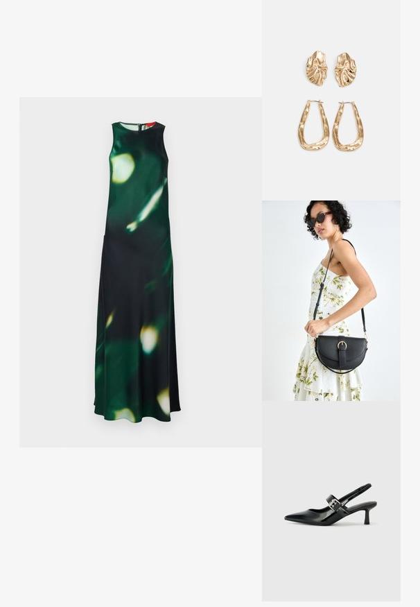 Robe maxi en tissu vert foncé avec un motif flou clair. Présente un col haut, un design sans manches et une fente latérale, fermée par une fermeture éclair au dos.; Escarpins slingback en cuir verni noir avec un bout pointu et un petit talon bloc, mettant en avant un accent en boucle argentée sur la sangle.; Sac à main en cuir noir avec une forme courbée, bandoulière amovible et des accessoires en or. Le sac est doté d'un rabat avec un détail de boucle.; Boucles d'oreilles dorées présentant des formes texturées et ondulées. Comprend des clips sculpturaux et un design de créoles ouvertes avec une finition martelée.