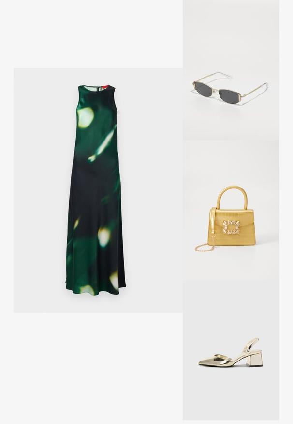 Maxi dress in dark green fabric with a blurred light pattern. Features a high neckline, sleeveless design, and a side slit, secured with a back zipper.; Gold, metallic slingback heels with a pointed toe and chunky heel. Smooth texture, minimalistic design, and a narrow strap.; Gold metal sunglasses with an oval shape, dark gray lenses, and clear temples. Features decorative accents on the frame.; Yellow faux-crocodile handbag with a structured design, top handle, detachable chain strap, and decorative crystal embellishment on the clasp.