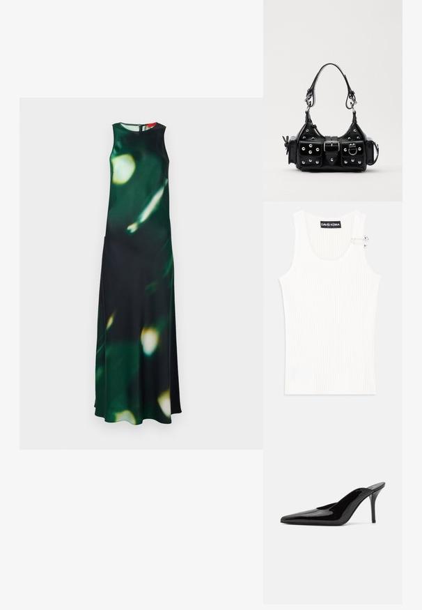 Maxi kjole i mørkegrøn stof med et sløret lysmønster. Har høj halsudskæring, uden ærmer og en sideslids, sikret med en lynlås bagpå.; Hvid ribbet tanktop med rund halsudskæring og metalaccentdetalje på skuldrene. Blød tekstur, tætsiddende design og ærmeløs stil.; Sorte lakerede højhælede mulesko med spids tå og en slank silhuet, der har åben hæl og en slank stilettohæl.; Sort læderhåndtaske med et buet design, prydet med sølvfarvede nitter, en spænde og to sidelommer. Justerbar rem til forskellige bære muligheder.