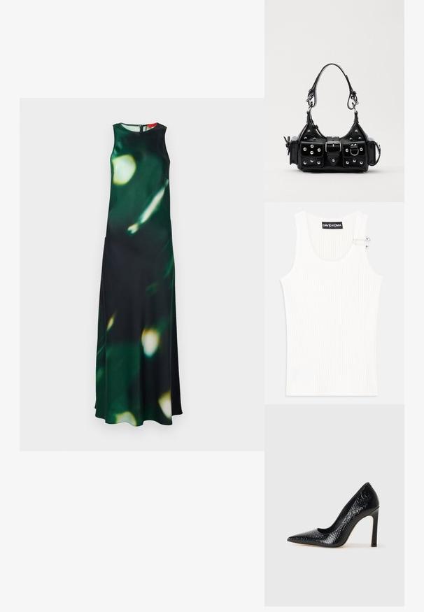 Maksimāla kleita tumši zaļā audumā ar izplūdušu gaismas rakstu. Tam ir augsts kakla izgriezums, bez piedurknēm un sāna šķirba, kas aizverama ar aizmugurē esošu rāvējslēdzēju.; Balts ribota bez piedurknēm topiņš ar apaļu dekoltē un metāla akcentu uz pleca. Mīksta tekstūra, pieguļošs dizains.; Melni augstpapēžu apavi ar norādītu purngalu, ar krokodila ādas tekstūru, izceļoties ar elegantu dizainu, augstu stiletto papēdi un gludu melnu interjeru.; Melnas ādas rokturmais ar izliekumu, ar sudraba iedurtiem, sprādzi un divām sānu kabatām. Regulējams siksniņas garums dažādām nēsāšanas iespējām.