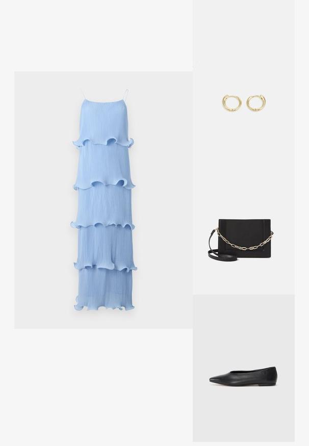 Copenhagen Muse KIRA - Maxikjoler - forever blue; Sort læder balletflade, spidse tæer, minimalistsk design, glat tekstur, lav hæl, ingen synlig hardware eller udsmykninger.; Sort læder crossbody taske med en glat tekstur, rektangulær form og en metallisk kæde detalje foran. Justerbar skulderrem inkluderet.; Guldøreringe med en glat, rundet design. Har en lille hængselåbning, letvægtigt udseende og en poleret overflade.